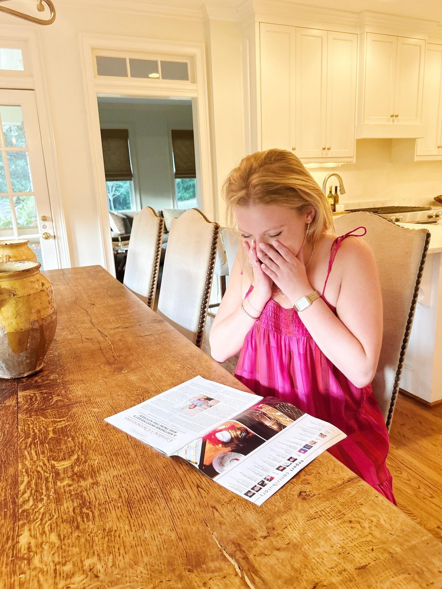 Caroline's reaction to seeing herself in print